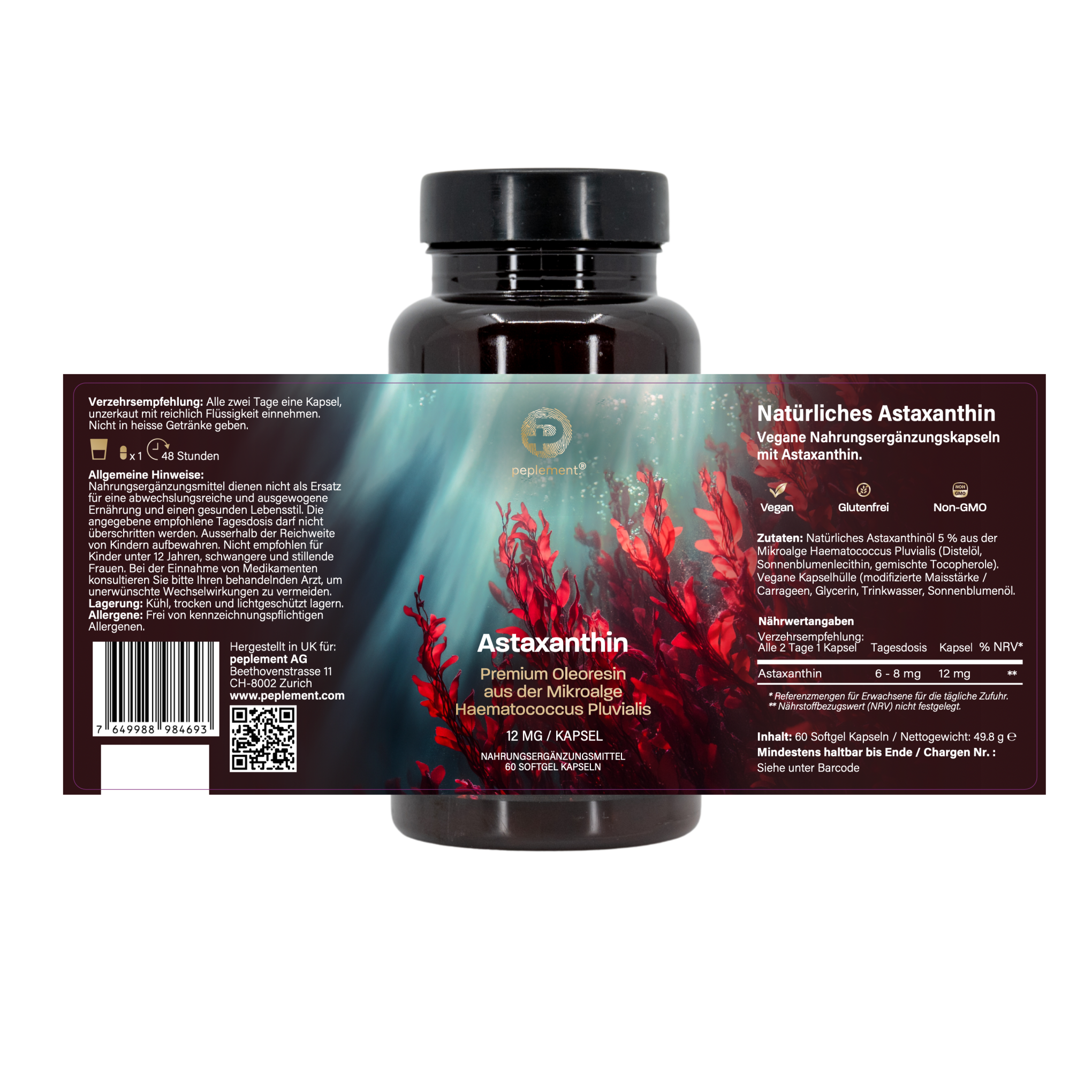 Astaxanthin Softgel-Kapseln – 12 mg aus der Mikroalge Haematococcus Pluvialis – Hochdosiert & Natürlich